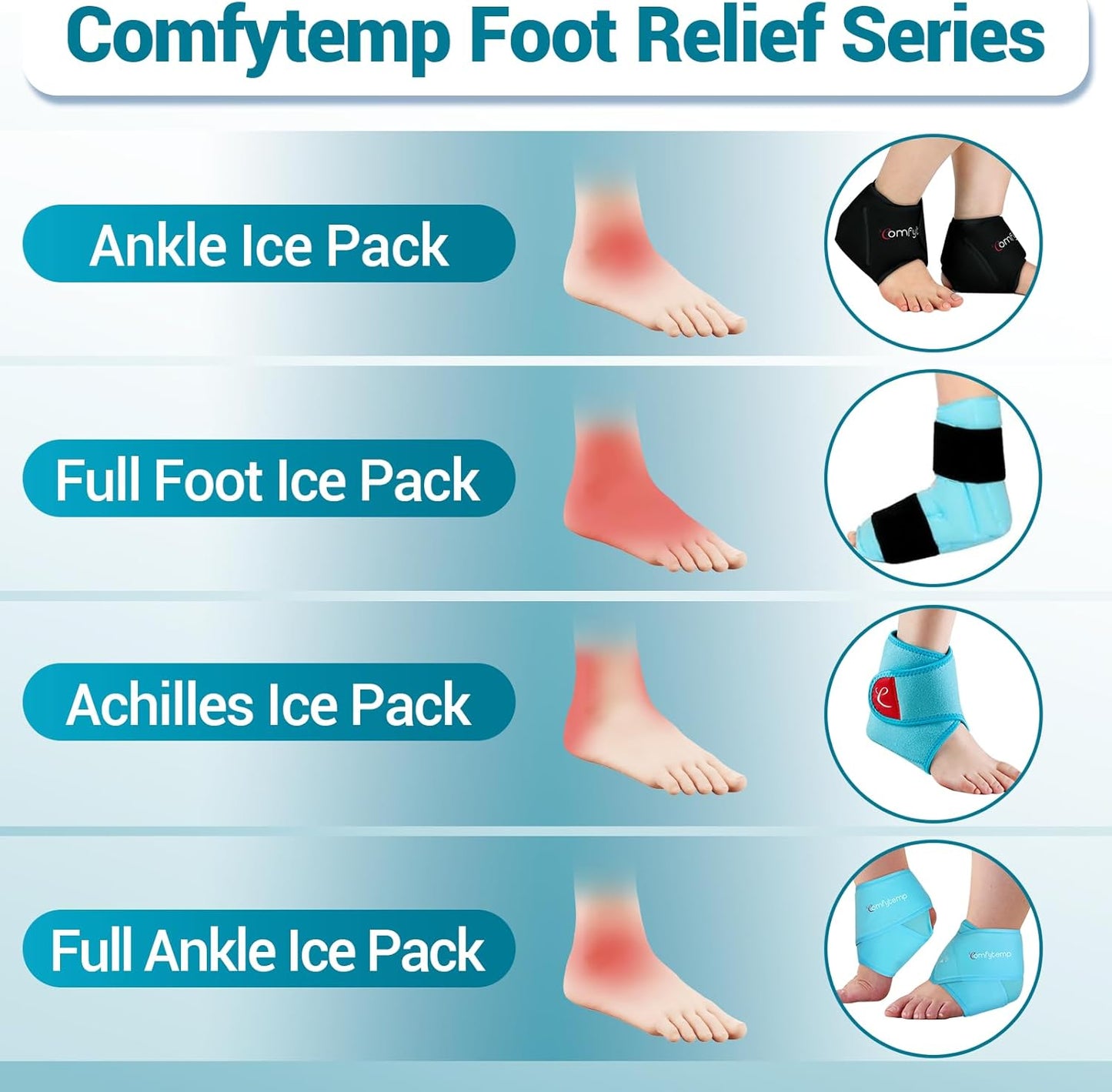 Comfytemp Ankle Ice Pack Wrap for Swelling, Plantar Fasciitis, Foot Pain Relief, Gel Packs for Injury Reusable, Hot Cold Compress for Achilles Tendonitis, Heel Spur, Sprain, Swelling, 2 Packs (Black)