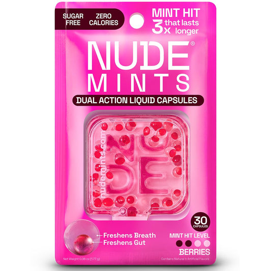 NUDE MINTS | Dual Action Liquid Capsules | Mouth Watering Mint - Lasts 3x Longer - 3x Stronger - Extreme Bad Breath Solution For Adults - Sugar Free, 0 Calorie - Berries - 5 Pack - 150 Capsules