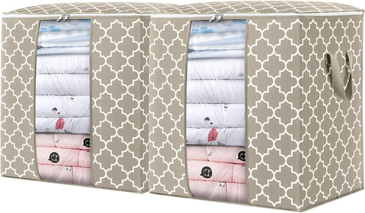 WISELIFE Storage Bags 2 Pack/100L Large Blanket Clothes Organization and Storage Containers for Comforters,Bedding, Foldable Organizer with Reinforced Handle, Clear Window, Sturdy Zippers,Beige