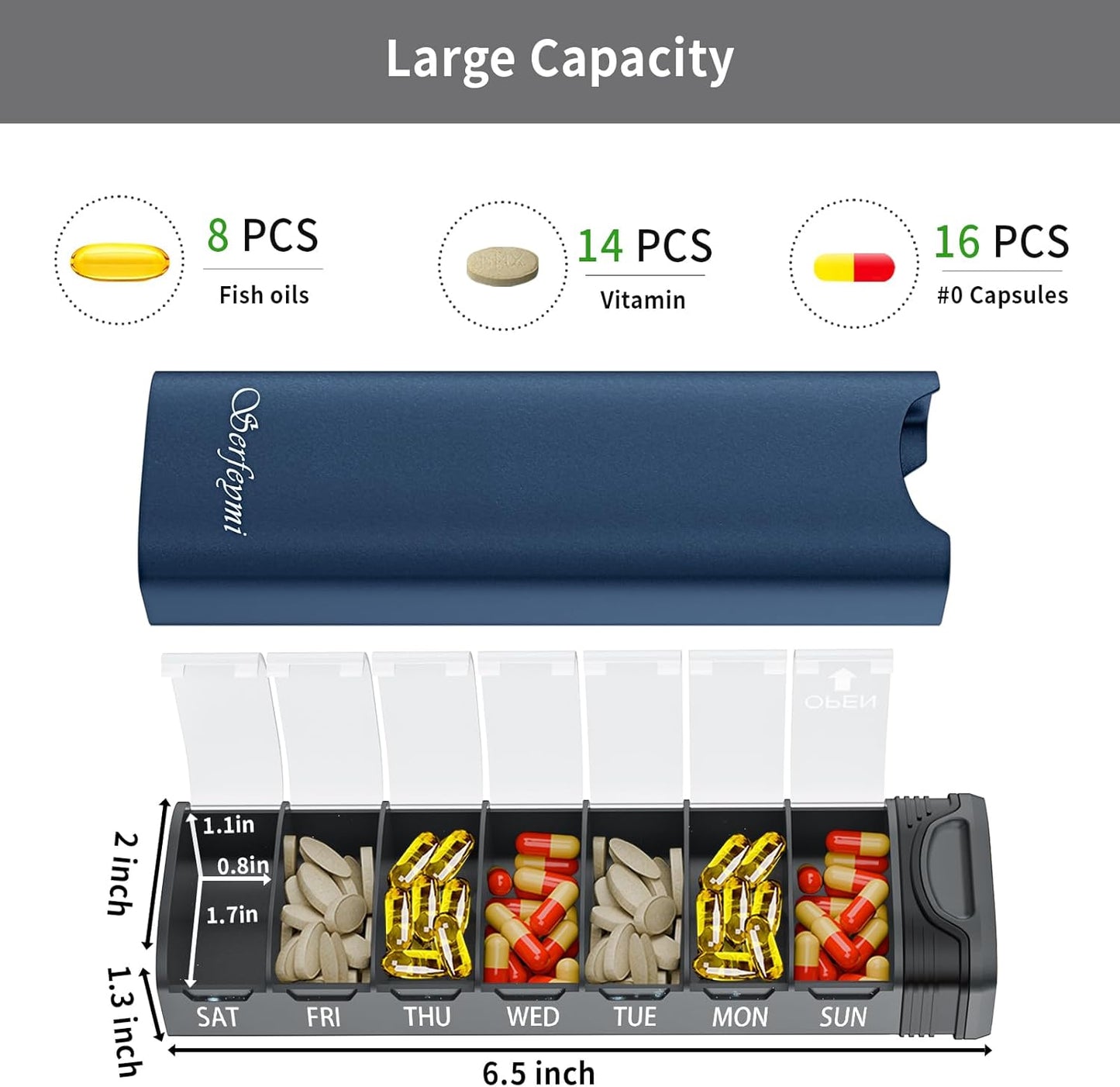 Metal Weekly Pill Organizer, Serfeymi Aluminum Daily Pill Box(Spare Gasket Provided),7 Day Pill Case Travel Medicine Organizer,Pill Containers with Individual Lid for Vitamins,Pills, Supplement-Blue
