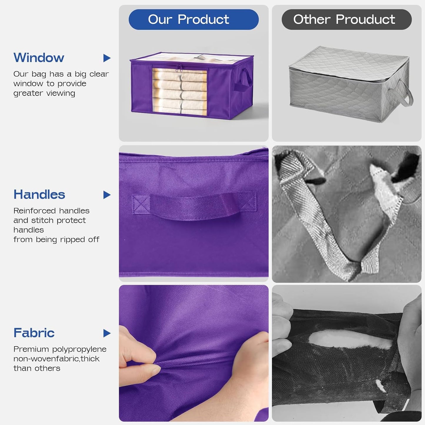 Clothes Storage Bags, Foldable Thick Fabric Blanket Storage Bags, Large Clear Window & Carry Handles, Great for Clothes, Blankets, Closets, Pillows, Toys (Purple, 6PACK)