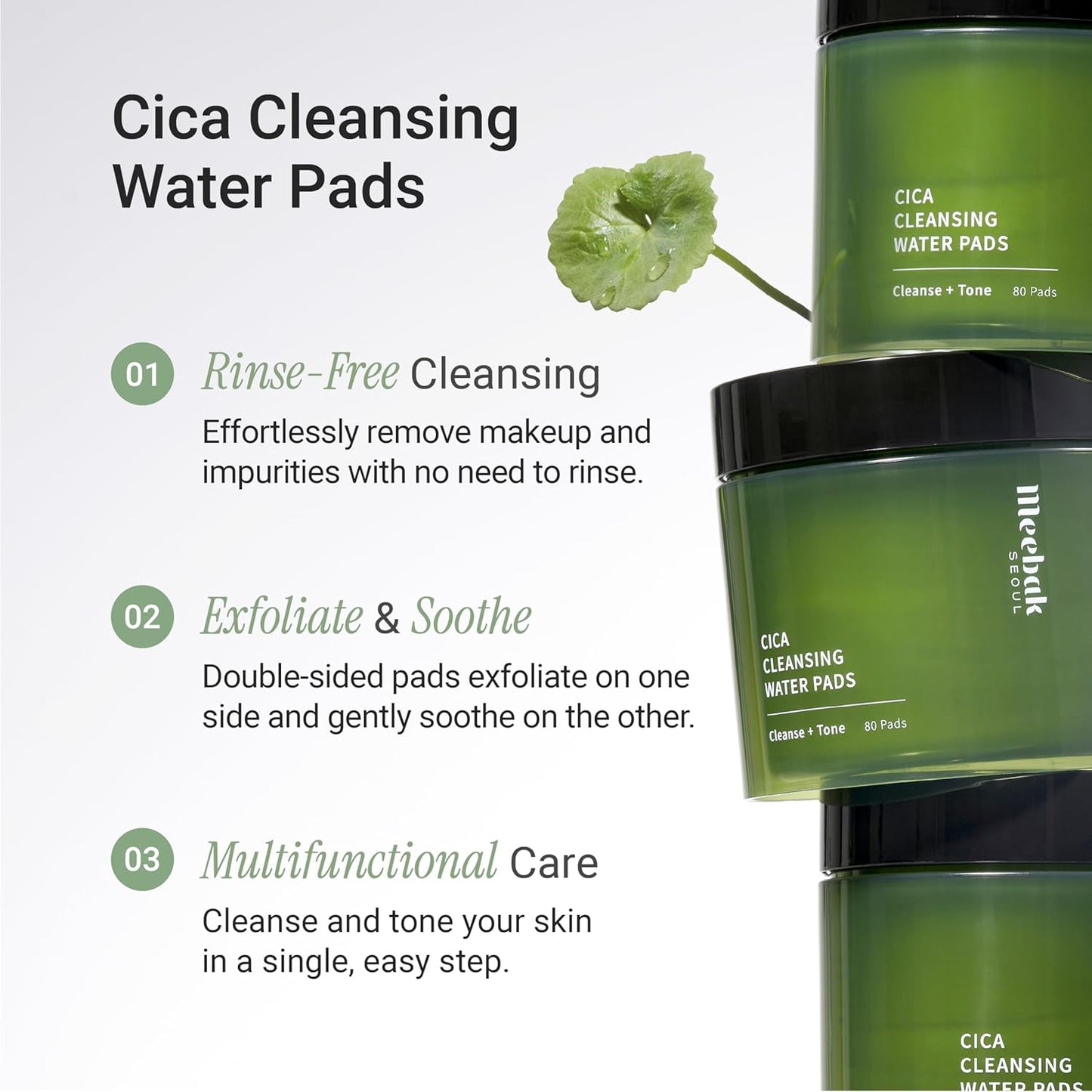 Meebak Cica Cleansing Water Pads | Korean Makeup Remover Wipes | Micellar Water Makeup Remover Wipes | Exfoliating Toner Pads for Glass Skin | Hydrating & Calming for Sensitive Skin - 80ct