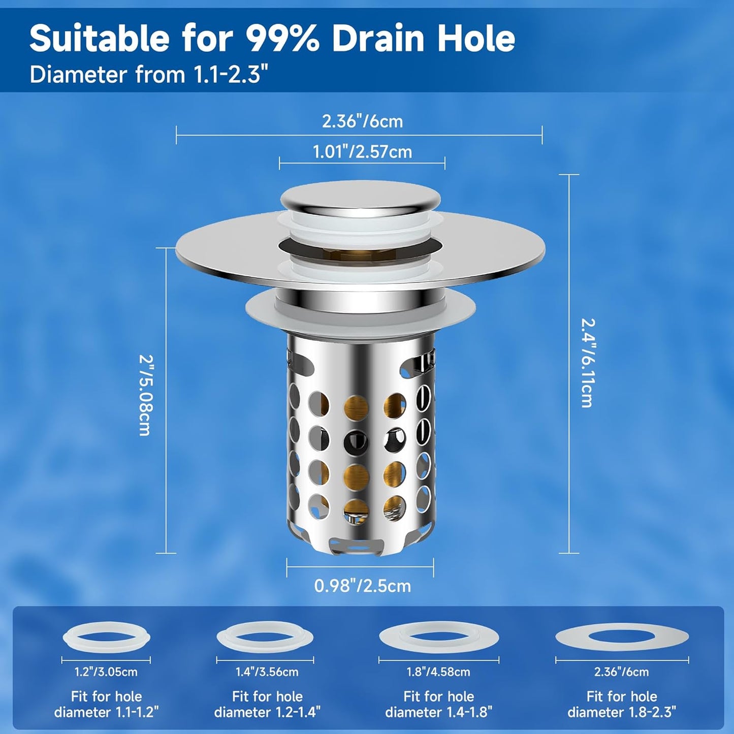Bathroom Sink Stopper with Pop Up Design, Universal Sink Drain Strainer with Removable Stainless Steel Basket, Brass Core, Chrome, Anti-Clog Sink Drain Stopper for Hair & Debris, Fits 1.1-2.36" Basin