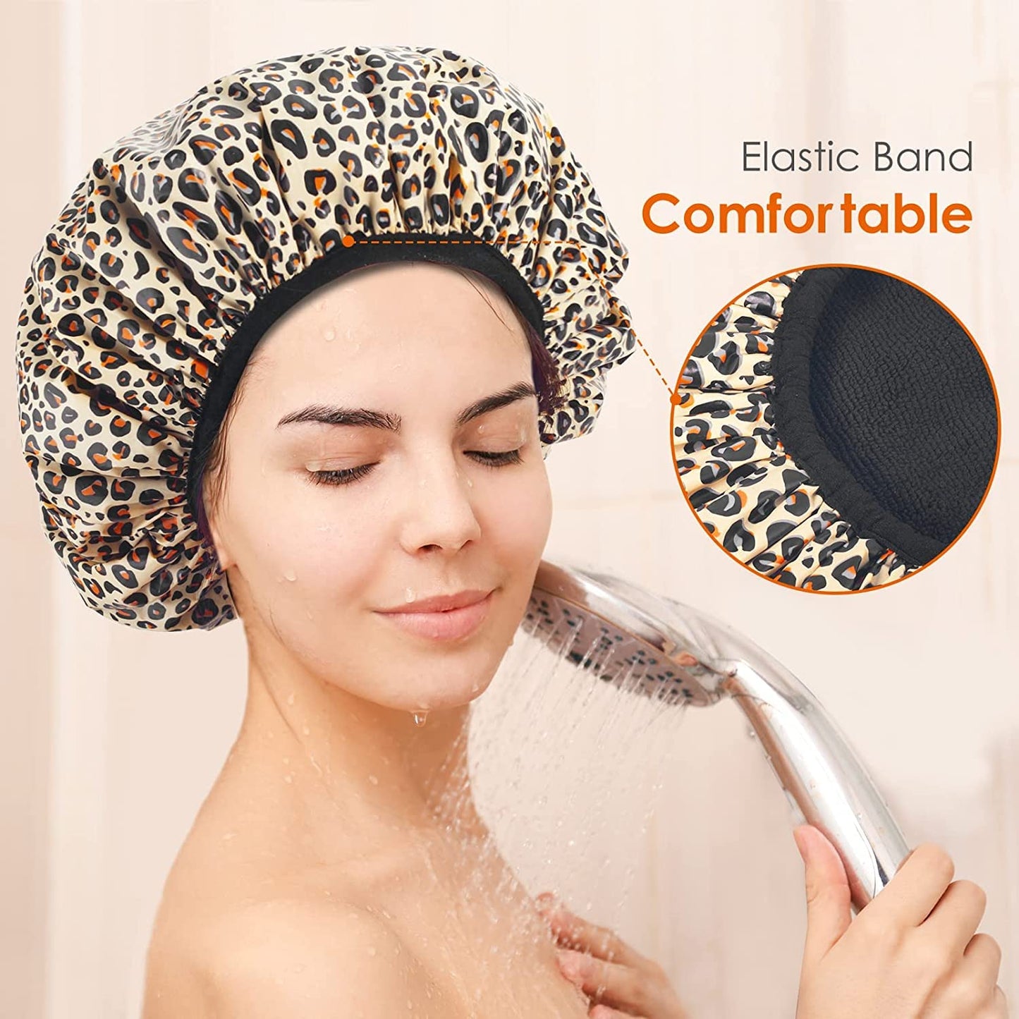 Auban Shower Cap, Shower Cap for Women Terry Cloth Lined EVA Exterior Reusable Double Layer Waterproof, Large Bath Hair Cap, Hotel Travel Essentials Accessories Cleaning Supplies (Leopard)