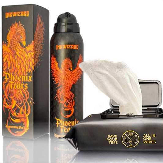 CleanSkin Cleansing Safe Green Soap Wipes for Tattooing and Phoenix Tears Tattoo Balm Tattoo Aftercare PMU & Piercings | 80 Count & 150 ml (Cleanskin + Phoenix Tears)