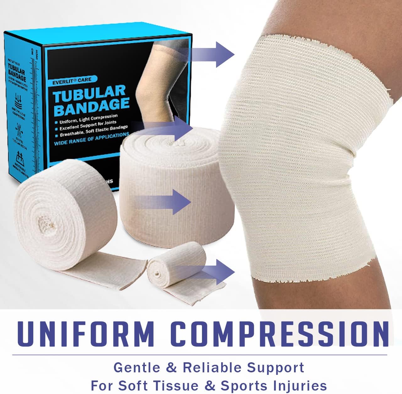 EVERLIT Elasticated Tubular Support Bandage | Stockinette Tubing for Large Arm, Knees, Legs | Light to Moderate Compression Bandage Roll For Tissue Support (Size E | 3.5" x 11 yd)