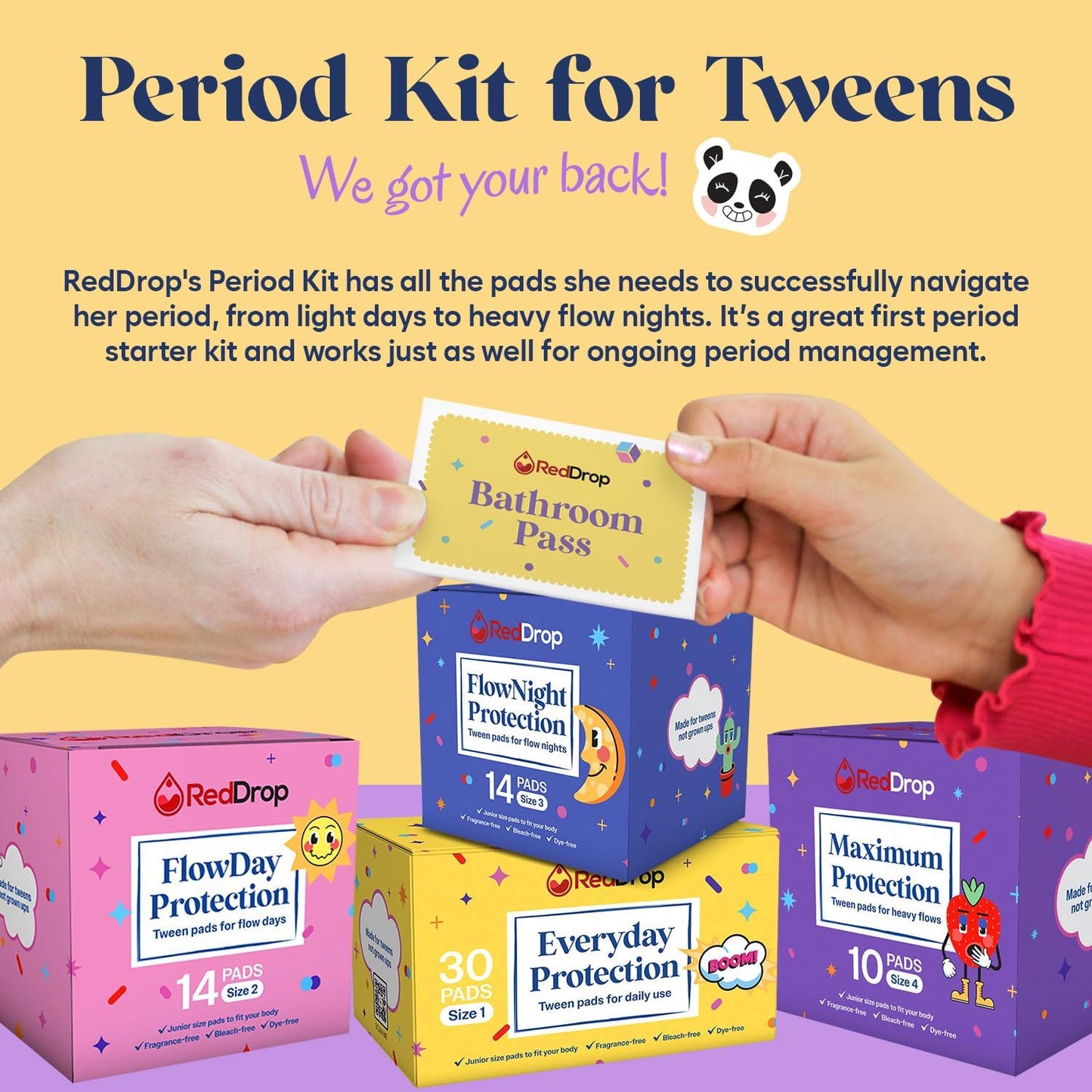 RedDrop Tween Period Kit |76 Pieces First Period Kit for Girls 9-12 | Contains 30 Everyday, 14 FlowDay, 14 FlowNight and 10 Maximum Pads with Wings, 7 Feminine Wipes, Pouch and More