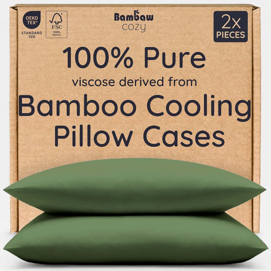 Bambaw 100% Viscose Derived from Bamboo Pillow Cases Queen Size Set of 2, Queen Cooling Pillow Cases with Envelope Closure, Breathable & Super Soft, Anti Acne Pillowcases (Olive)