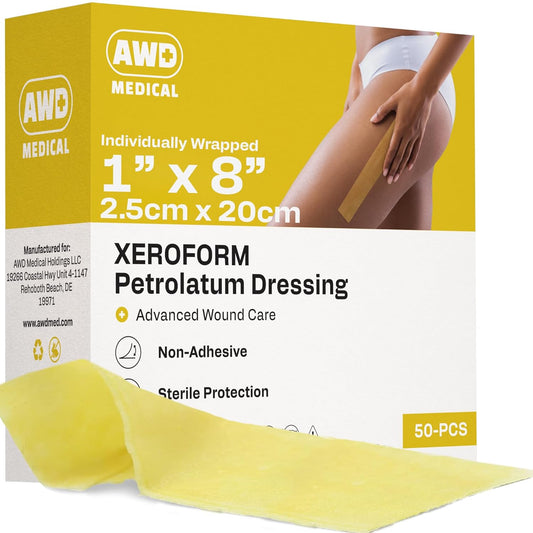 AWD Medical Xeroform Petrolatum Dressing - Non-Adhering Gauze Pad - Fine Mesh Gauze Patch Sterile - Healthcare Supplies for Wound Care, Burns, Lacerations, & Skin Grafts Aide (Box of 50) (1"x8")