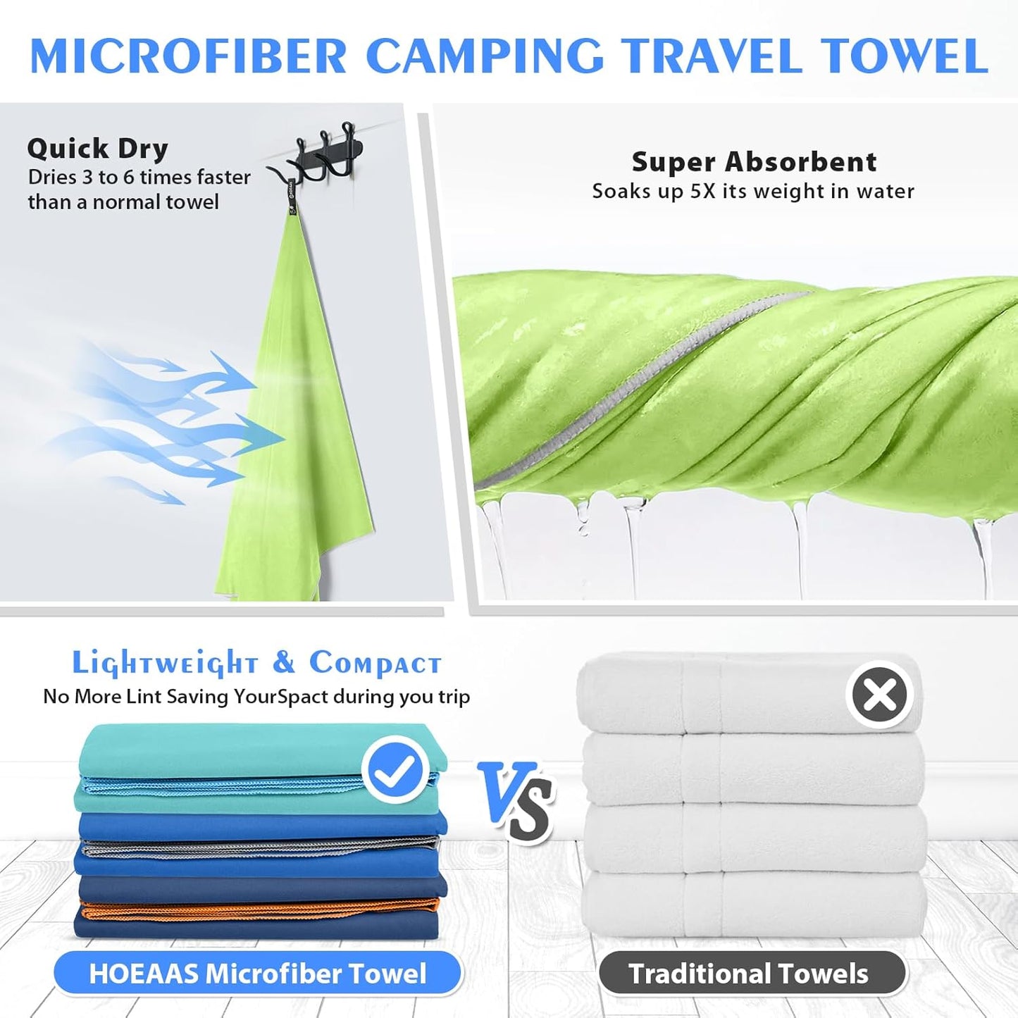HOEAAS 2 Pack Microfiber Camping Towels, Quick Dry Towel, Super Absorbent Ultra Compact Travel Towel Soft Lightweight Sports Towel for Sweat Fast Drying Towels for Pool,Gym,Hiking,Backpacking,Fitness