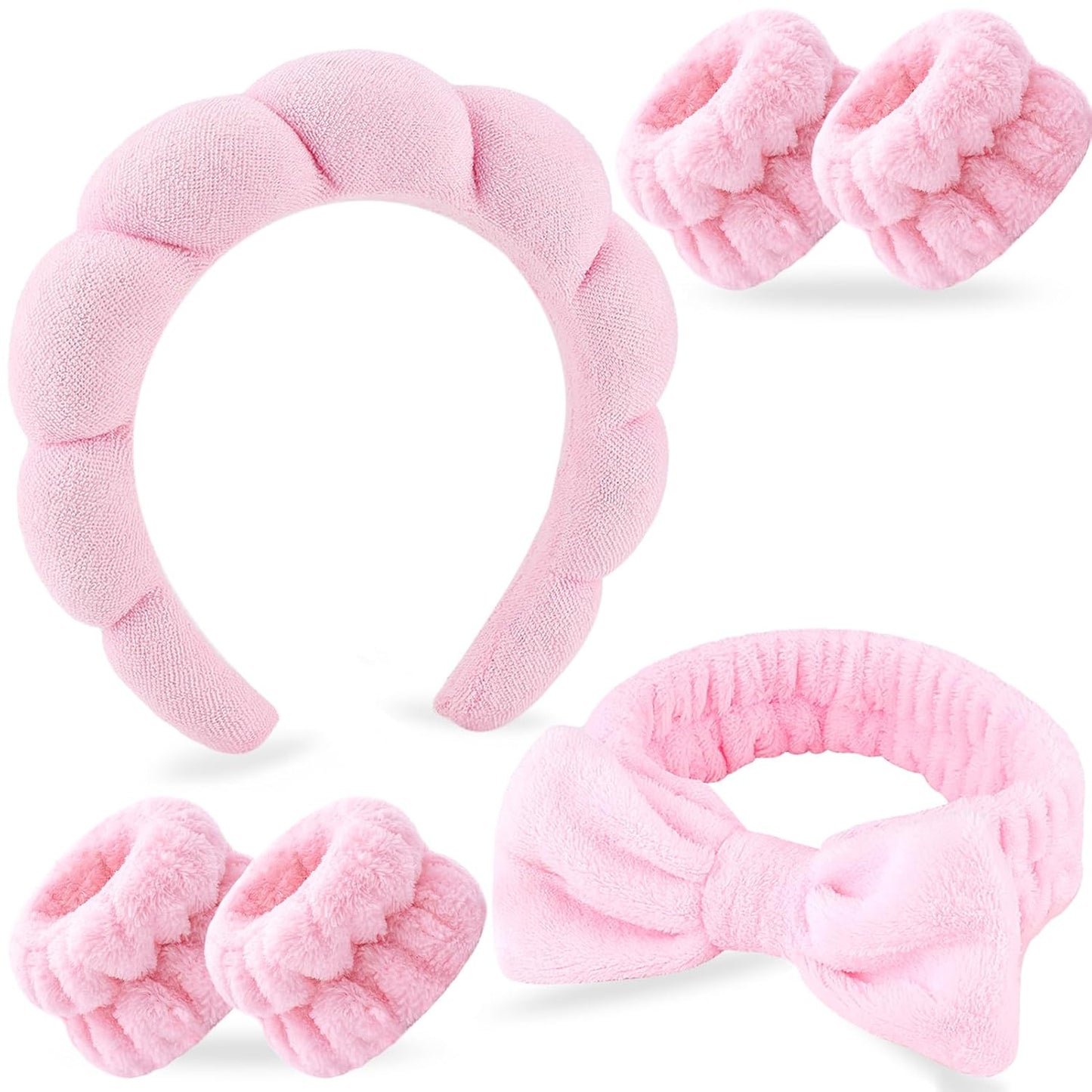 Zkptops 6Pcs Spa Headband for Washing Face Wristbands Set Women Bubble Skincare Makeup Sponge Terry Cloth Padded Puffy Headband Bow Tie Hairband Cute Non Slip Thick Hair Accessory Gifts(Pink)