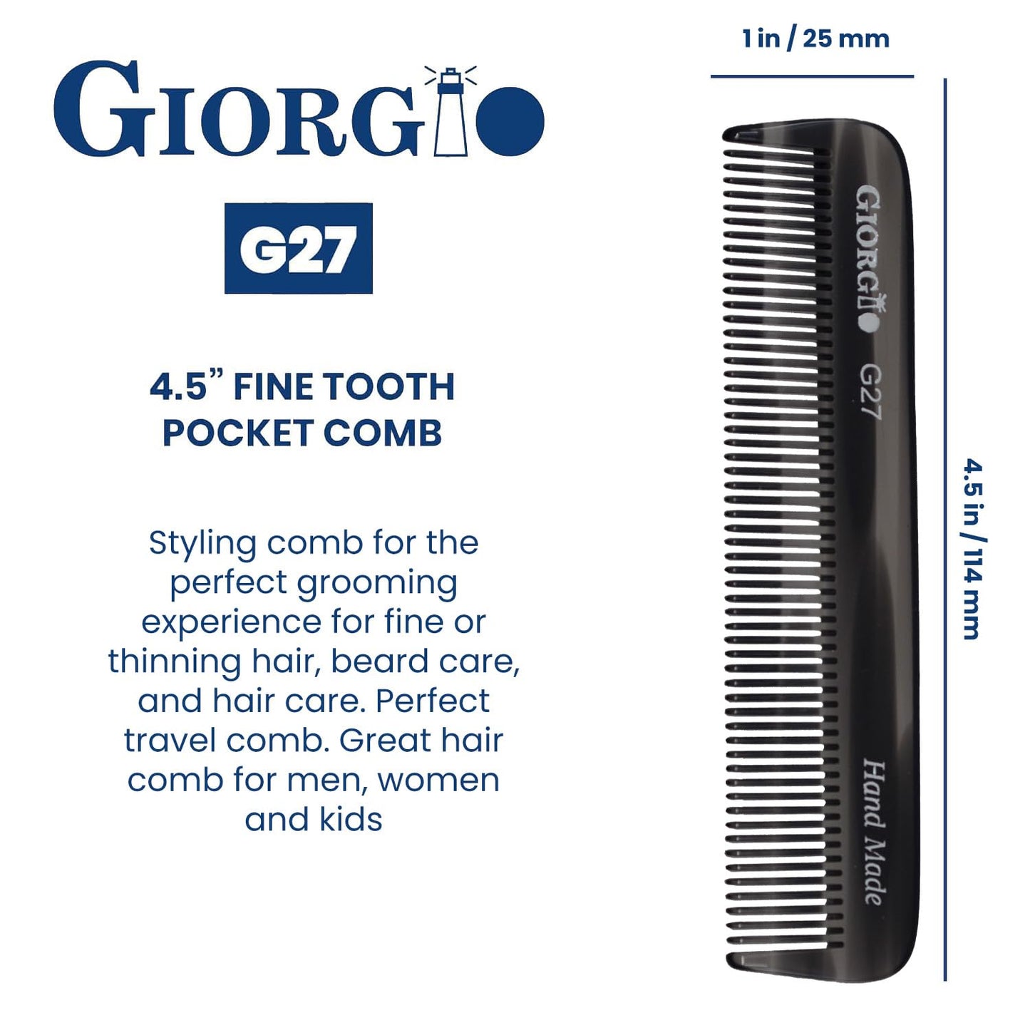 Giorgio G27 Handmade All Fine Tooth Pocket Comb, Hair Comb Straightener for Everyday Grooming Styling Hair, Mustache and Beard for Men Women and Kids, Saw Cut and Polished (Black Graphite)
