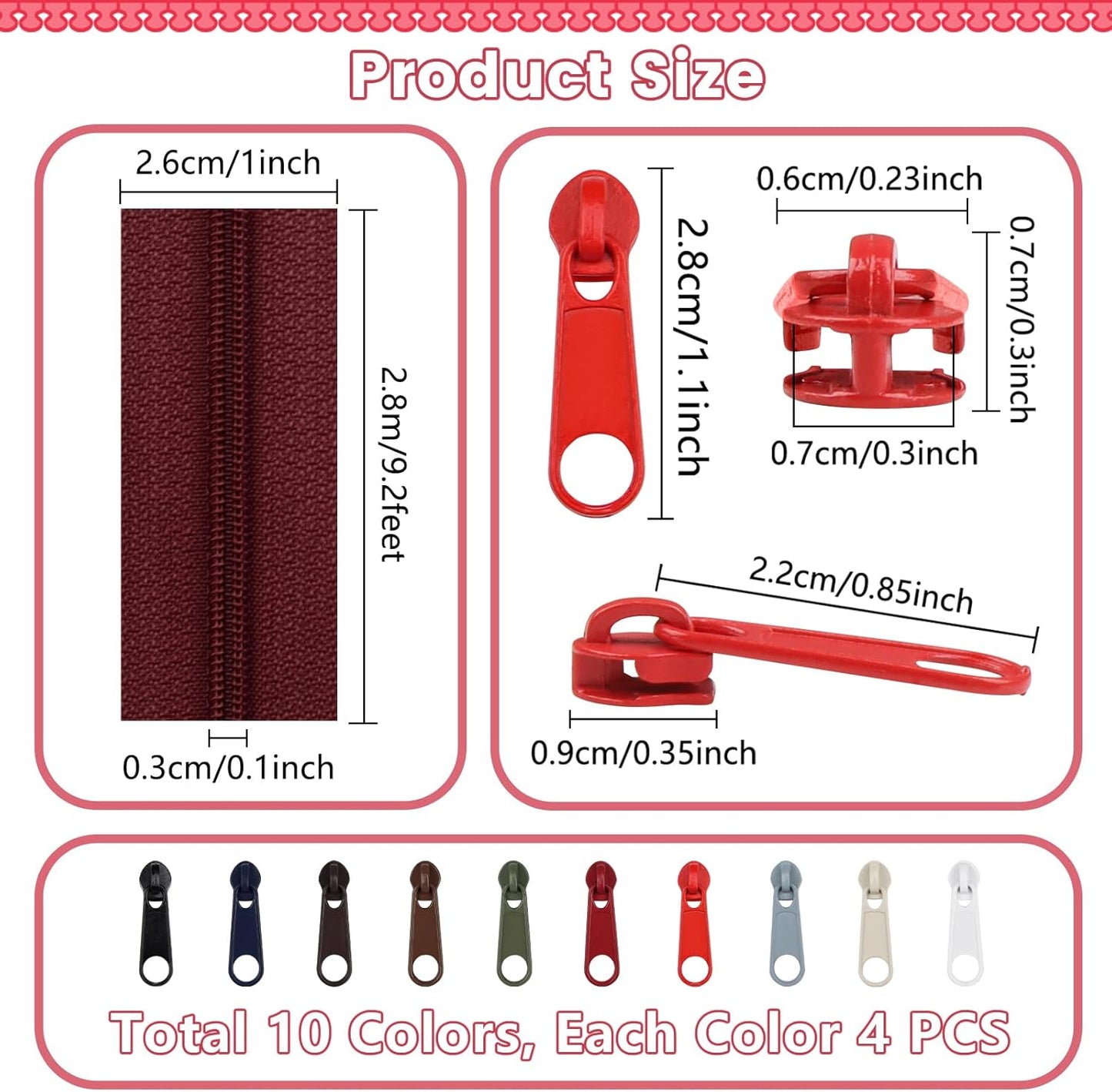 DOITEM 31 Yards 10 PCS Sewing Zippers #3 Nylon Coil Zippers Assorted Zipper for Sewing with 40 Zipper Sliders for DIY Tailor Sewing Crafts Supplies, 10 Colors