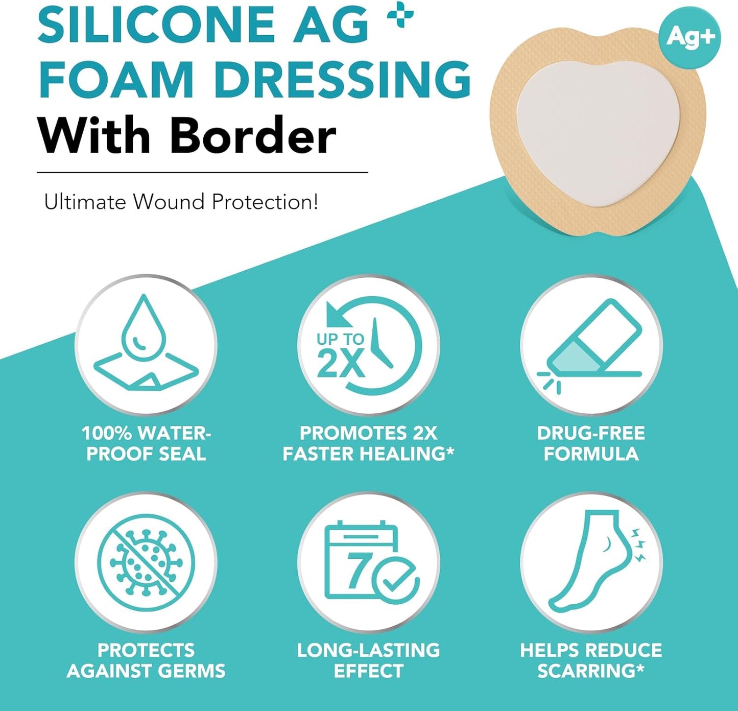 Silicone Foam Dressing Ag Sterile Wound Bandage with Waterproof Gentle Silicone Adhesive Border, 7"x7" Breathable Ultra Absorbent Pads (7.08x7.08 Inch (Pack of 10))