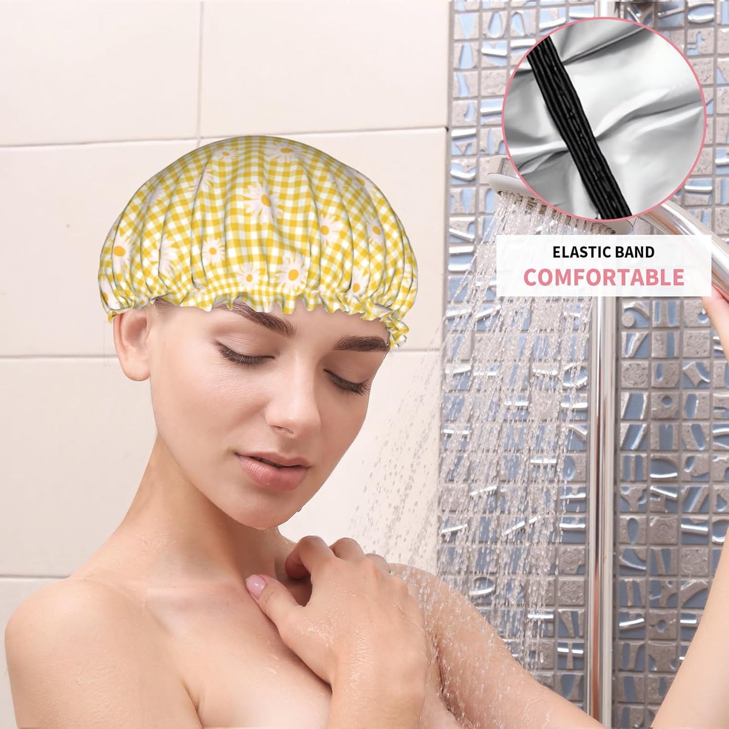 Daisy Shower Caps Yellow Checkered Dual-Layer Waterproof Bath Hat Flower Reusable Hair Caps Elastic Hair Hat for Shower Cooking Clean Makeup Travel