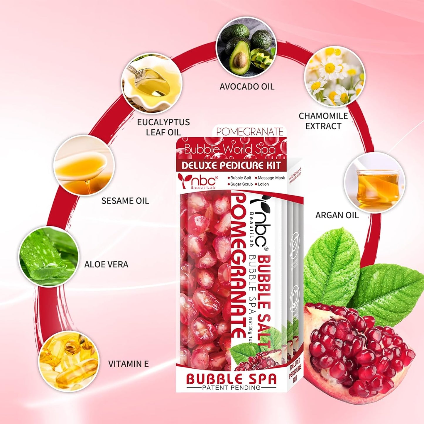 Pedicure Kit Foot Soak Set: Bubble Salt, Sugar Scrub, Massage Mask, Massage Lotion in a Box, 4 Step Foot Spa Kit for Dry Feet,Tired Feet(3 Set Pomegranate)