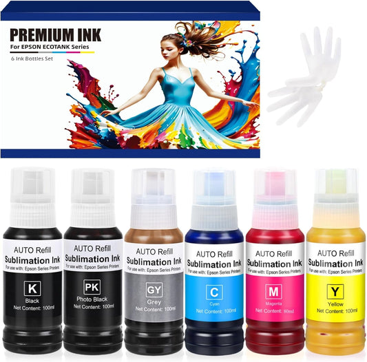 Sublimation Ink Refill Bottle Use for EcoTank Photo ET-8550, EcoTank Photo ET-8500(BK PBK C M Y GY, 600ml)