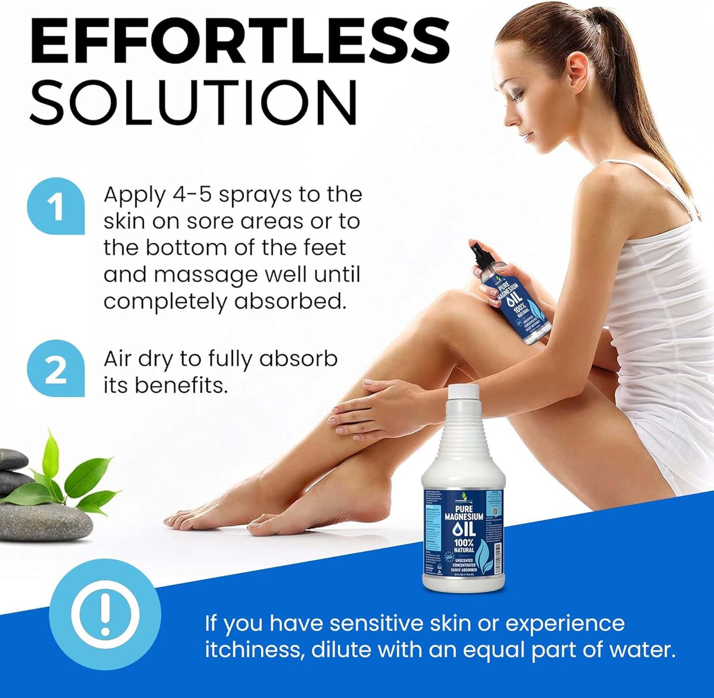 Pure Magnesium Oil Spray 32oz - Topical Magnesium Spray for Sleep Extra Strength - Less Sting - Less Itch - 100% Natural and Organic Oil - Made in USA