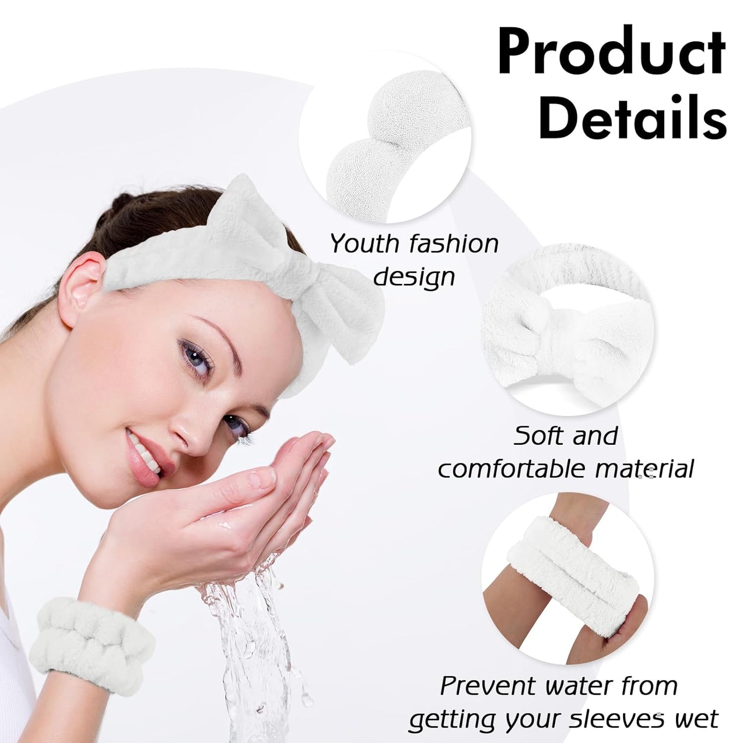 Zkptops 6Pcs Spa Headband for Washing Face Wristbands Set Women Bubble Skincare Makeup Sponge Terry Cloth Padded Puffy Headband Bow Tie Hairband Cute Non Slip Thick Hair Accessory Gifts (White)