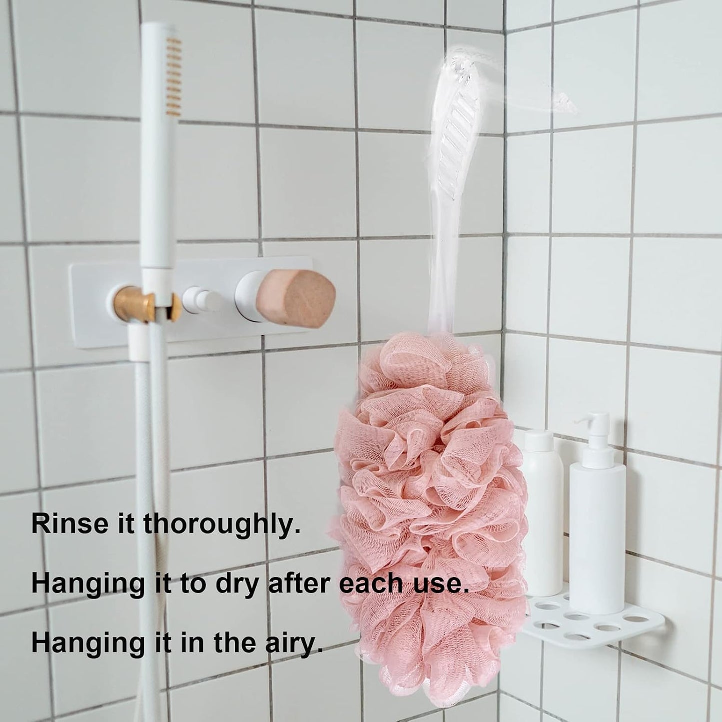 PPHAO - Back Loofah on a Stick for Men - Bath Brush Long Handle for Shower Elderly - Loofah Sponge for Women - Plastic Loofah - Bath Body Brush - Pink Loofah - 2Pack