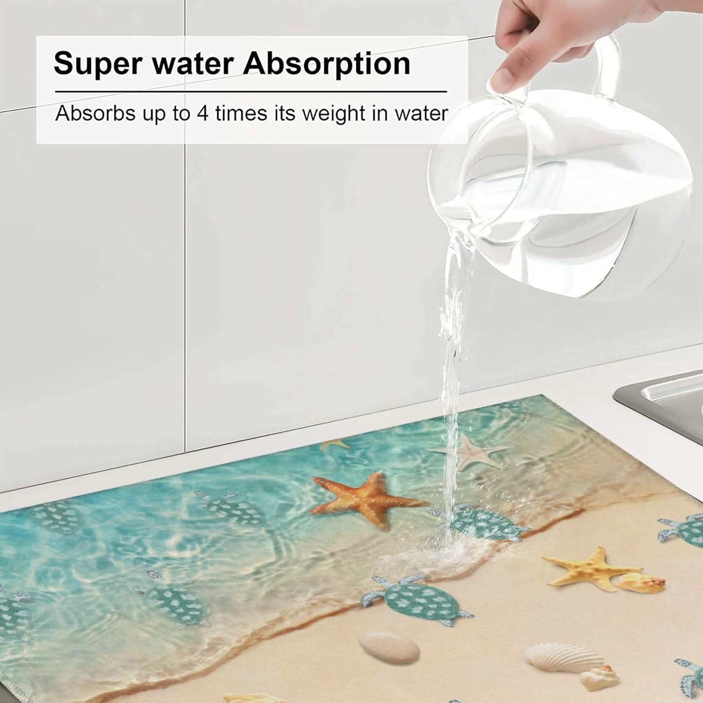 Sea Turtles Beach Dish Drying Mat for Kitchen Counter Washable Absorbent Reversible Microfiber Teal Nautical Decor Drying Pad Kitchen Accessories 16x18 Inch Yellow