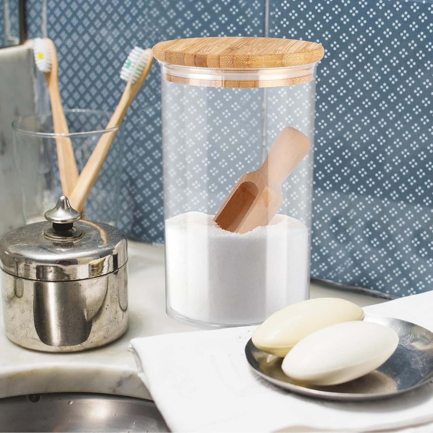 42oz Acrylic Bath Salt Jar with Wooden Scoop Flour Containers with Lids Airtight Epsome Salt Bath for Bathroom Kitchen(Hold 42 Ounces of Bath Salt)