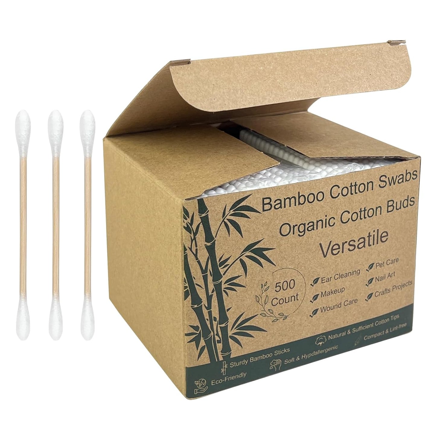 Bamboo Cotton Swabs - Sturdy Bamboo Core, Soft Cotton Tips - Disposable Swabs for Beauty, Makeup, Beauty, Skincare and Personal Care - Eco-Conscious Packaging (500 ct)