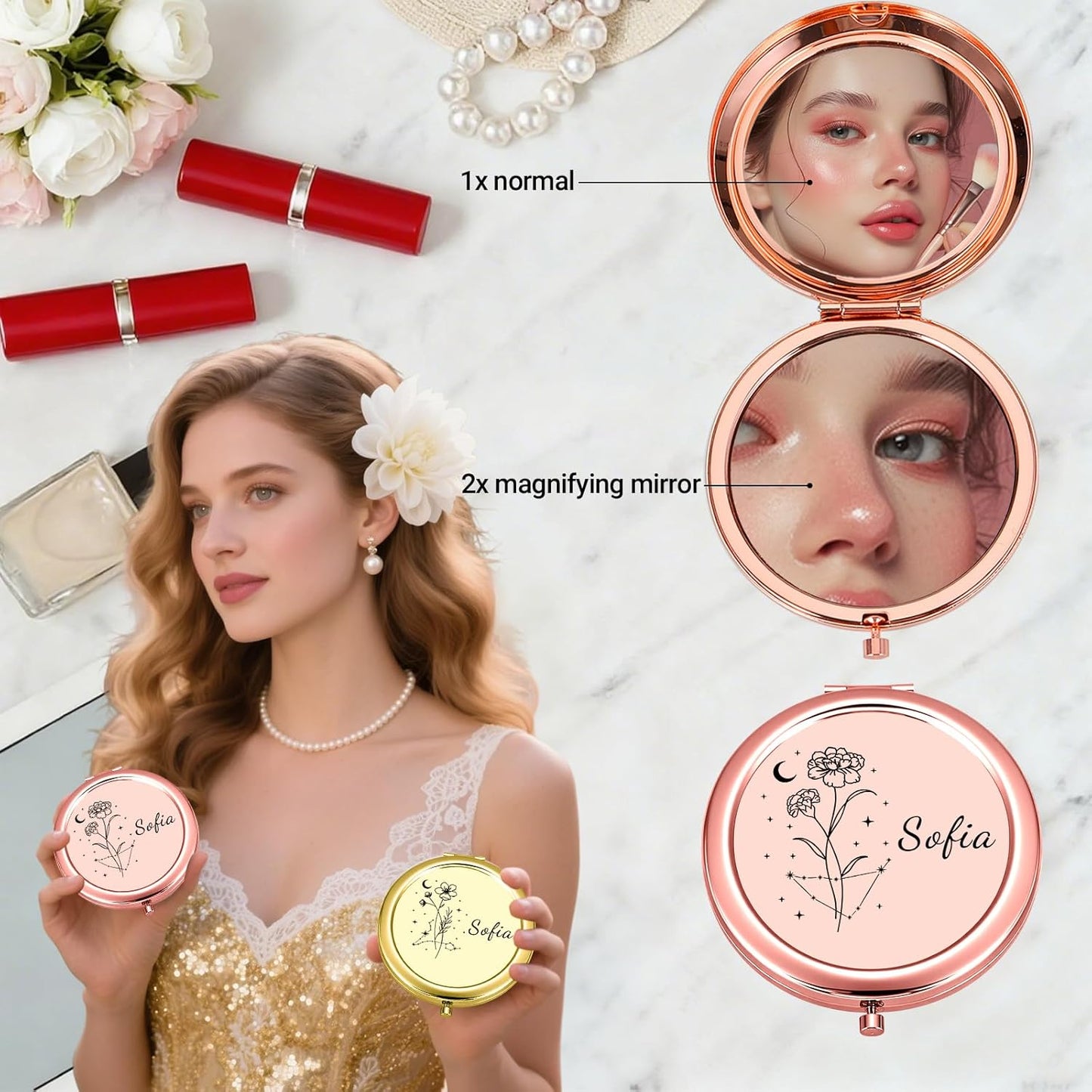 Custom Compact Mirror with Name - Personalized Flip Makeup Travel Pocket Mirror Gift for Women Bridesmaids Wedding Birthday (Birth Flower)