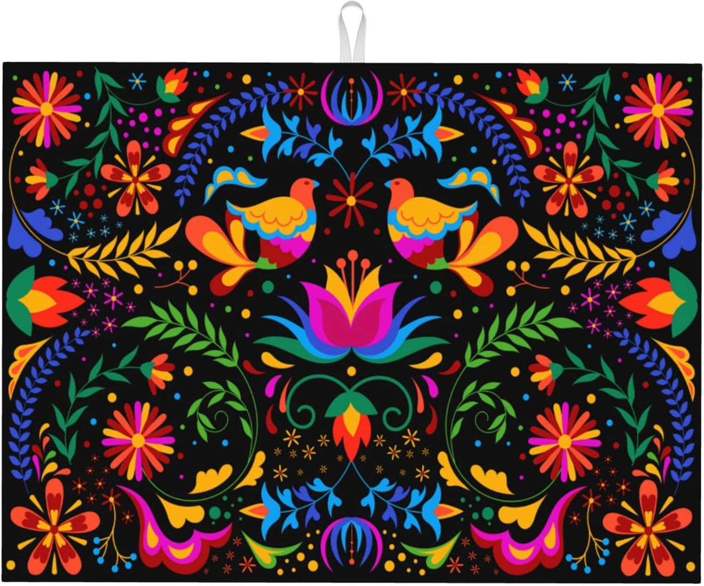 Mexican Flower Microfiber Dish Drying Mat for Kitchen Counter Mexican Dishes Pad Black Dish Drainer Rack Mats 18"x24" Absorbent Washable Reusable