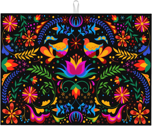 Mexican Flower Microfiber Dish Drying Mat for Kitchen Counter Mexican Dishes Pad Black Dish Drainer Rack Mats 18"x24" Absorbent Washable Reusable