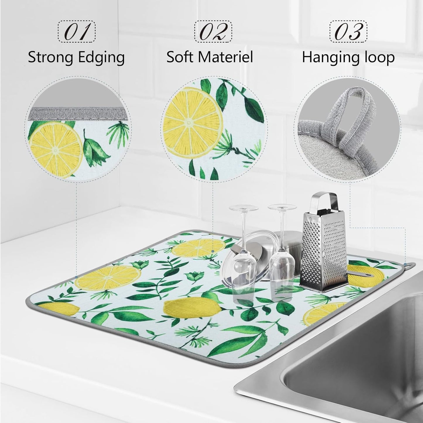 SHIYUE Dish Drying Mat for Kitchen Counter Super Absorbent Spring Kitchen Decor Microfiber Drying Matainers Rack Fast Pad Dish Drainer Mats(Yellow Lemon Green Leaves,18''x24'')
