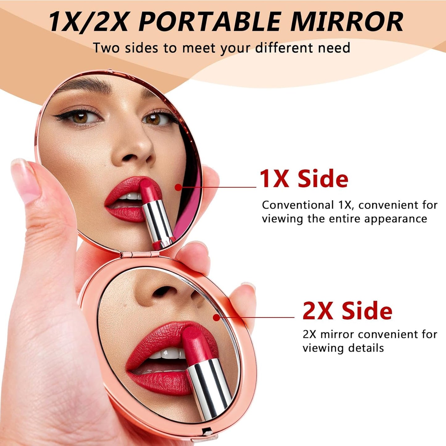Portable Compact Metal Folding Makeup Mirrors, Beautiful and Elegant,1X/2X Magnifier. (Rose Gold)