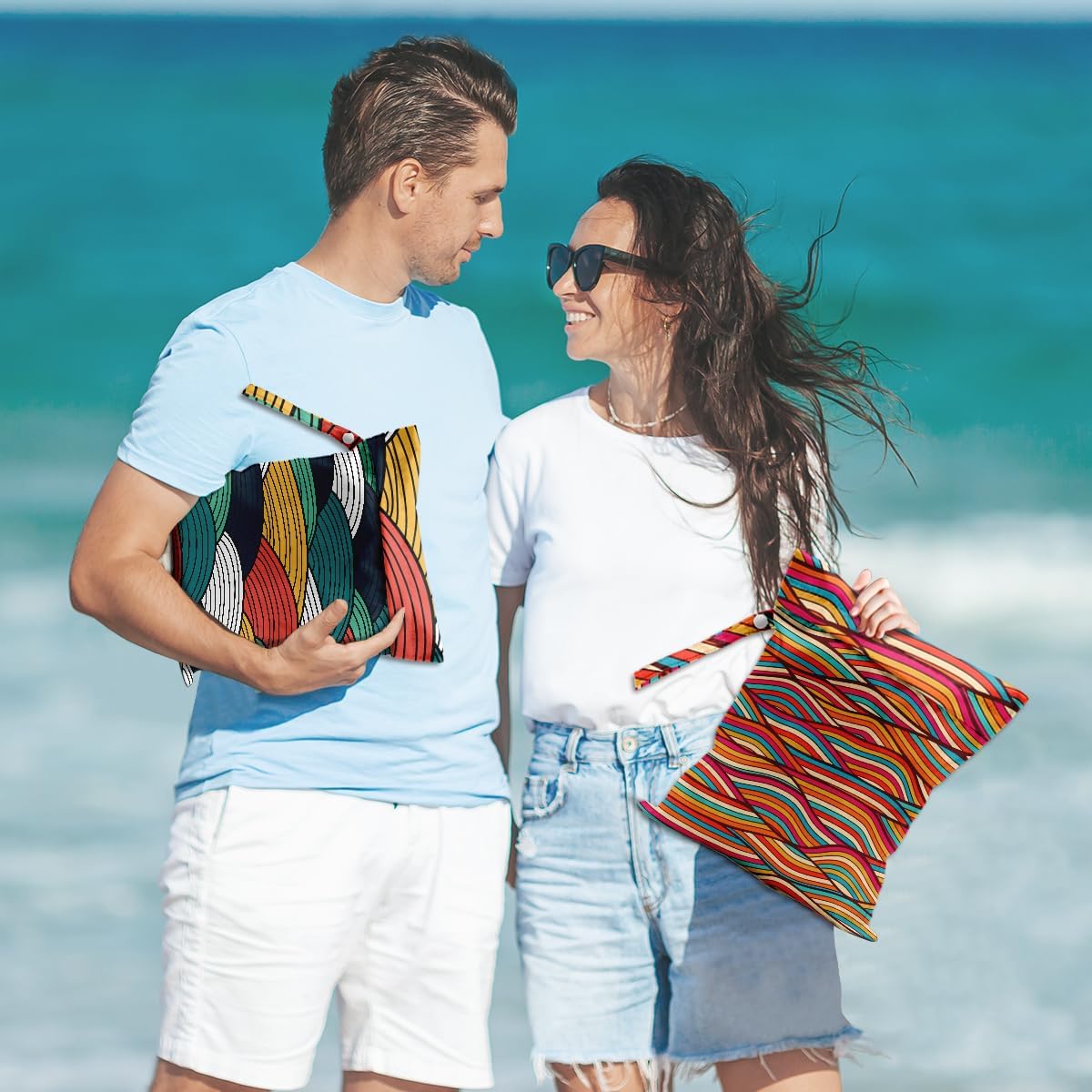 2Pcs Wave Print Wet Bags, Wet Dry Bag Reusable for Swimsuit, Travel, Diapers, Pool, Beach, Dirty Yoga Gym Clothes, Toiletries, Makeup Bag, Zipper Pouch Waterproof Birthday Christmas Gifts