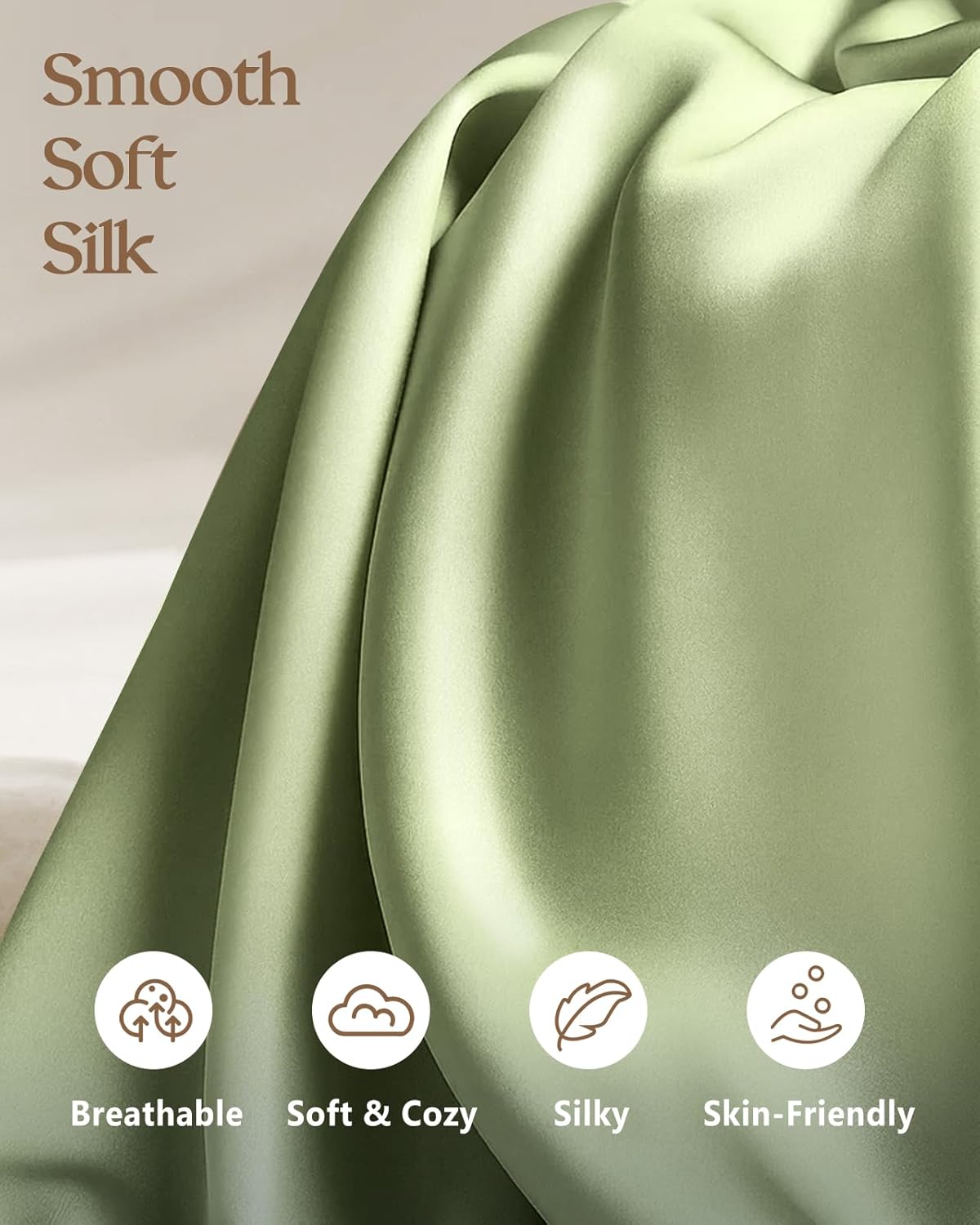 Silk Pillowcase 2 Pack - Pillow Cases King Set of 2 Size 20" x 36" for Hair and Skin Smooth Soft Breathable with Hidden Zipper Cooling Pillow Covers for Women, Light Green