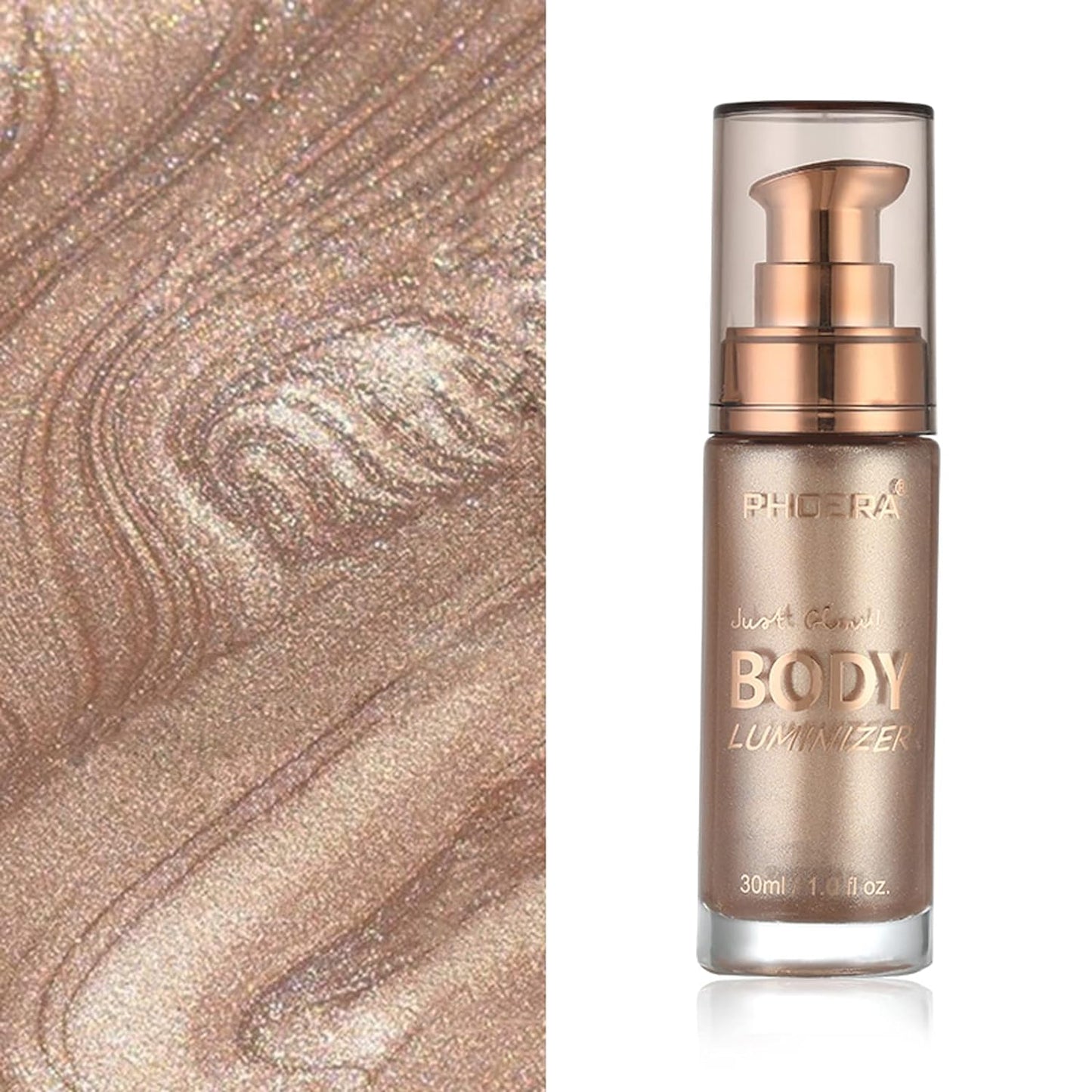Body Shimmer Oil, Rose Gold Natural Glow Luminizer, Long Lasting Waterproof Moisturizing Liquid Illuminator Highlighter Makeup for a Sun-Kissed Glow, Brush Include, 1oz, Light Medium
