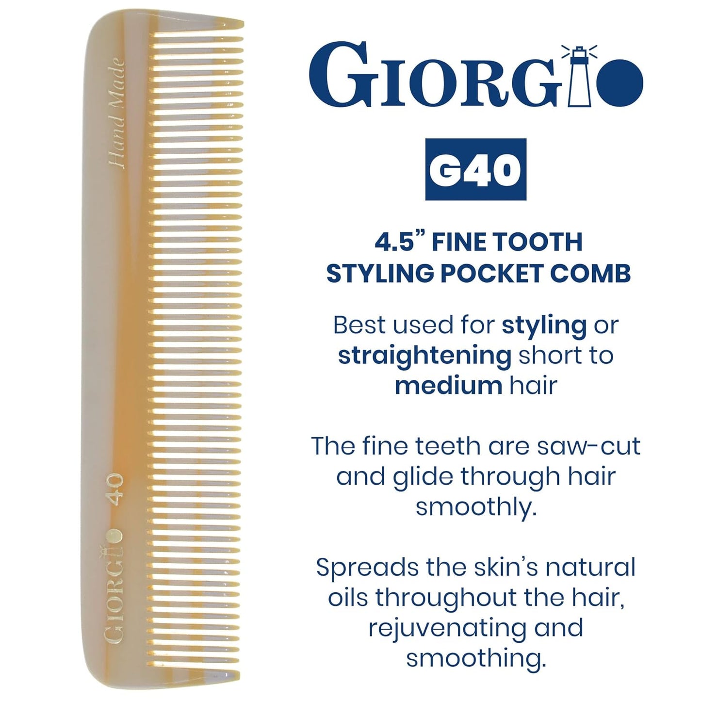 Giorgio G40 Handmade All Fine Tooth Pocket Comb, Hair Comb Straightener for Everyday Grooming Styling Hair, Mustache and Beard for Men Women and Kids, Saw Cut and Polished