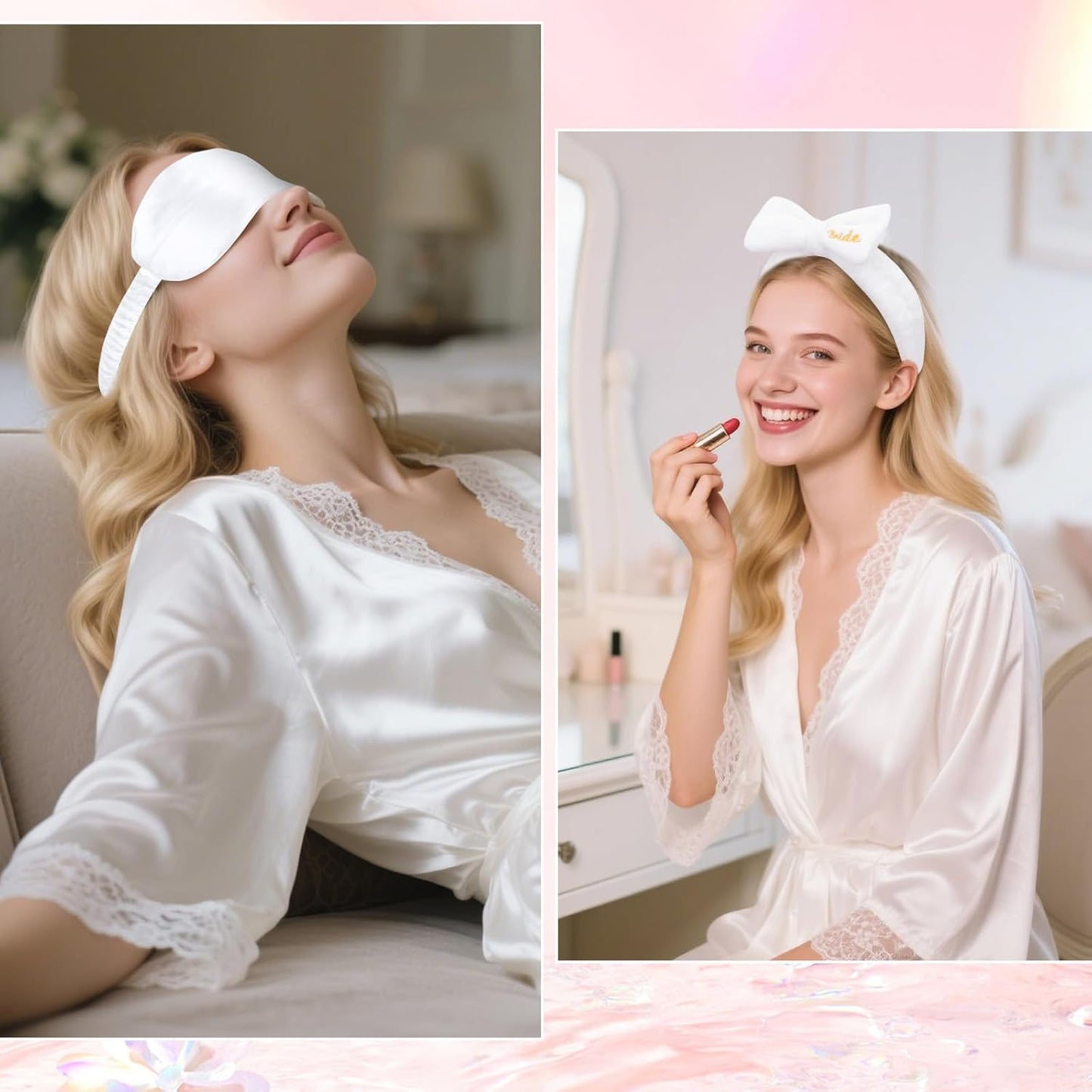 Wecoe 12pcs/set Bow Spa Headbands & Eye Masks - Bachelorette Party Favors, Bridal Shower & Bridesmaid Proposal Gifts(White, Pink)