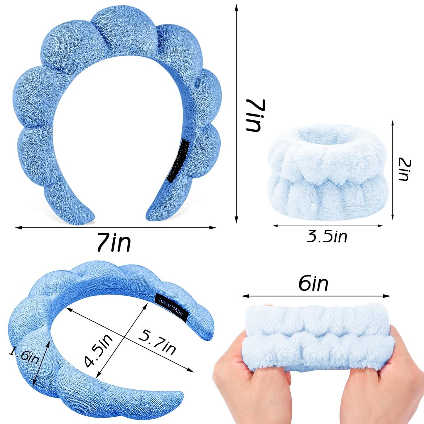 Zkptops 6Pcs Spa Headband for Washing Face Wristbands Set Women Bubble Skincare Makeup Sponge Terry Cloth Padded Puffy Headband Bow Tie Hairband Cute Non Slip Thick Hair Accessory Gifts(Dark Blue)