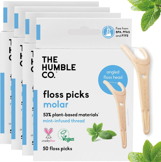 The Humble Co. Floss Picks (200 Count) β Plant Based Dental Floss Picks with Grip Handle for Superior Oral Care, Dental Hygiene, and Gum Health, Cruelty Free Tooth Floss Picks (Mint)