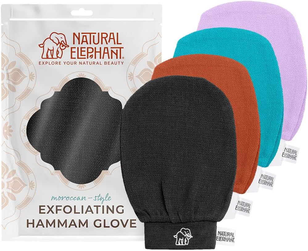 Natural Elephant Exfoliating Kessa Glove - Face and Body Exfoliator Hammam Mitt (Black, Orange, Teal and Lilac (Pack of 4))