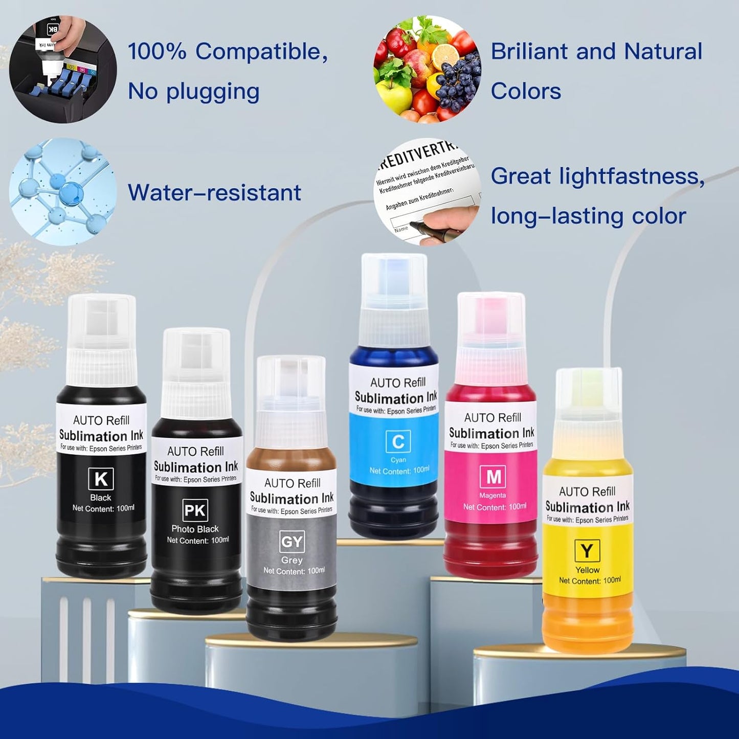 Sublimation Ink Refill Bottle Use for EcoTank Photo ET-8550, EcoTank Photo ET-8500(BK PBK C M Y GY, 600ml)