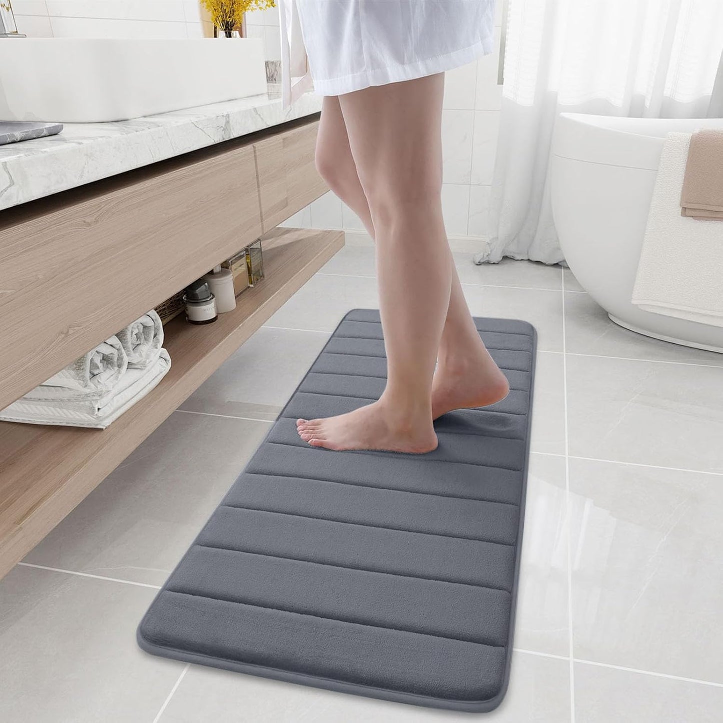 Buganda Memory Foam Bath Mat, 47" x 17", Ultra Soft and Non-Slip Bathroom Rugs, Water Absorbent and Machine Washable Bath Rug Runner for Bathroom, Shower, and Tub, Dark Grey