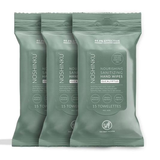 Noshinku Eucalyptus Hand Sanitizer Wipes, 3-Pack (45 Towelettes) – Resealable Travel Wipes with Ethyl Alcohol, Aloe & Green Tea, Plant-Based Fiber, Essential Oil Scents, Cruelty-Free & No Dyes