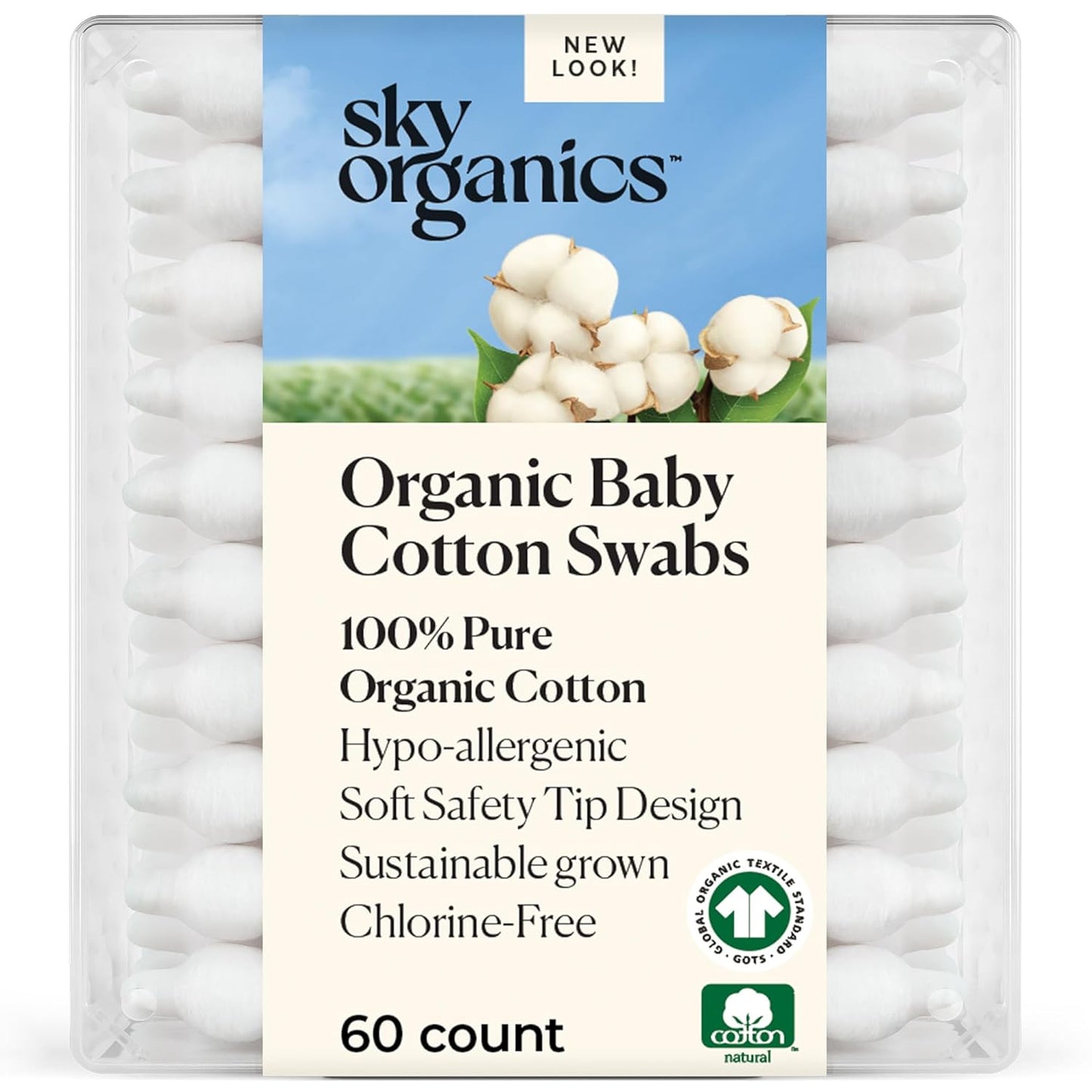 Sky Organics Organic Baby Cotton Swabs for Baby, 100% Pure Organic Cotton, GOTS Certified Organic Cotton, 60 Count