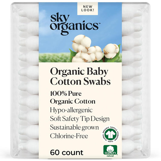 Sky Organics Organic Baby Cotton Swabs for Baby, 100% Pure Organic Cotton, GOTS Certified Organic Cotton, 60 Count