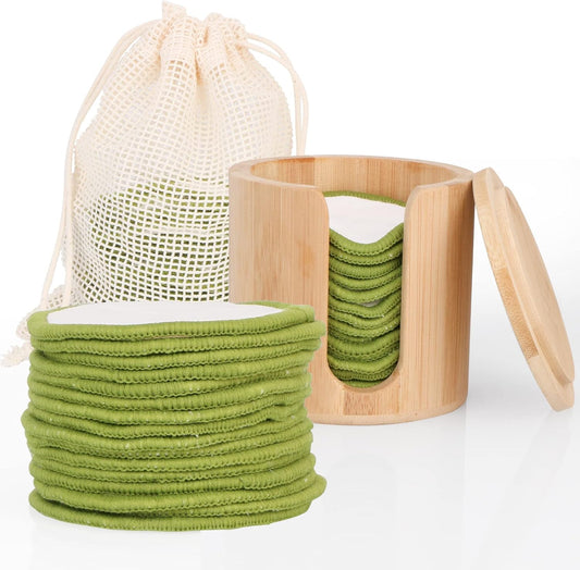 UNIMEIX 16 Pack Reusable Makeup Remover Pads Bamboo Reusable Cotton Rounds Organic Cotton Pads for Face Facial Cleansing Wipes with Washable Laundry Bag and Bamboo Holder