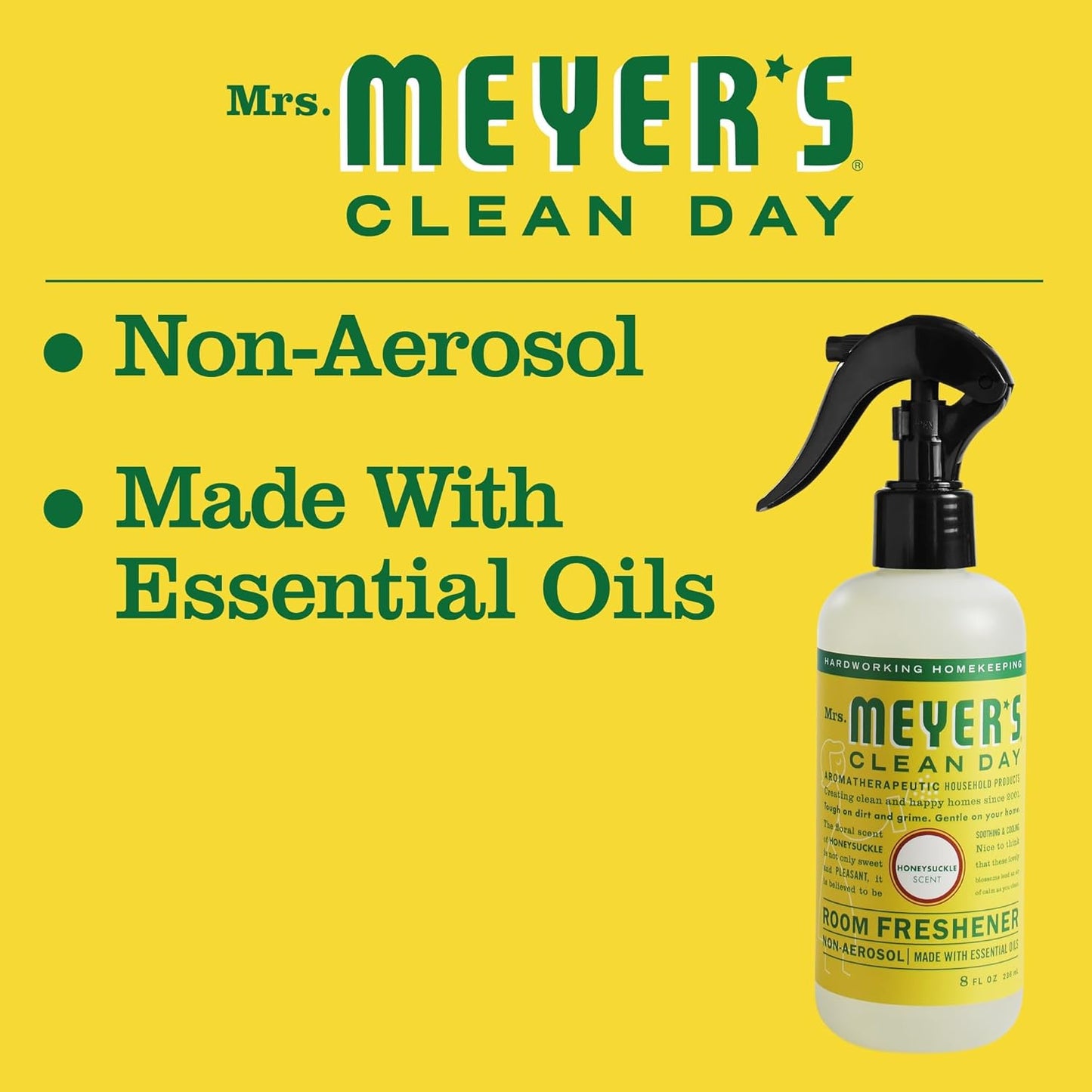 MRS. MEYER'S CLEAN DAY Room and Air Freshener Spray, Non-Aerosol Spray Bottle Infused with Essential Oils, Honeysuckle, 8 fl. oz - Pack of 3