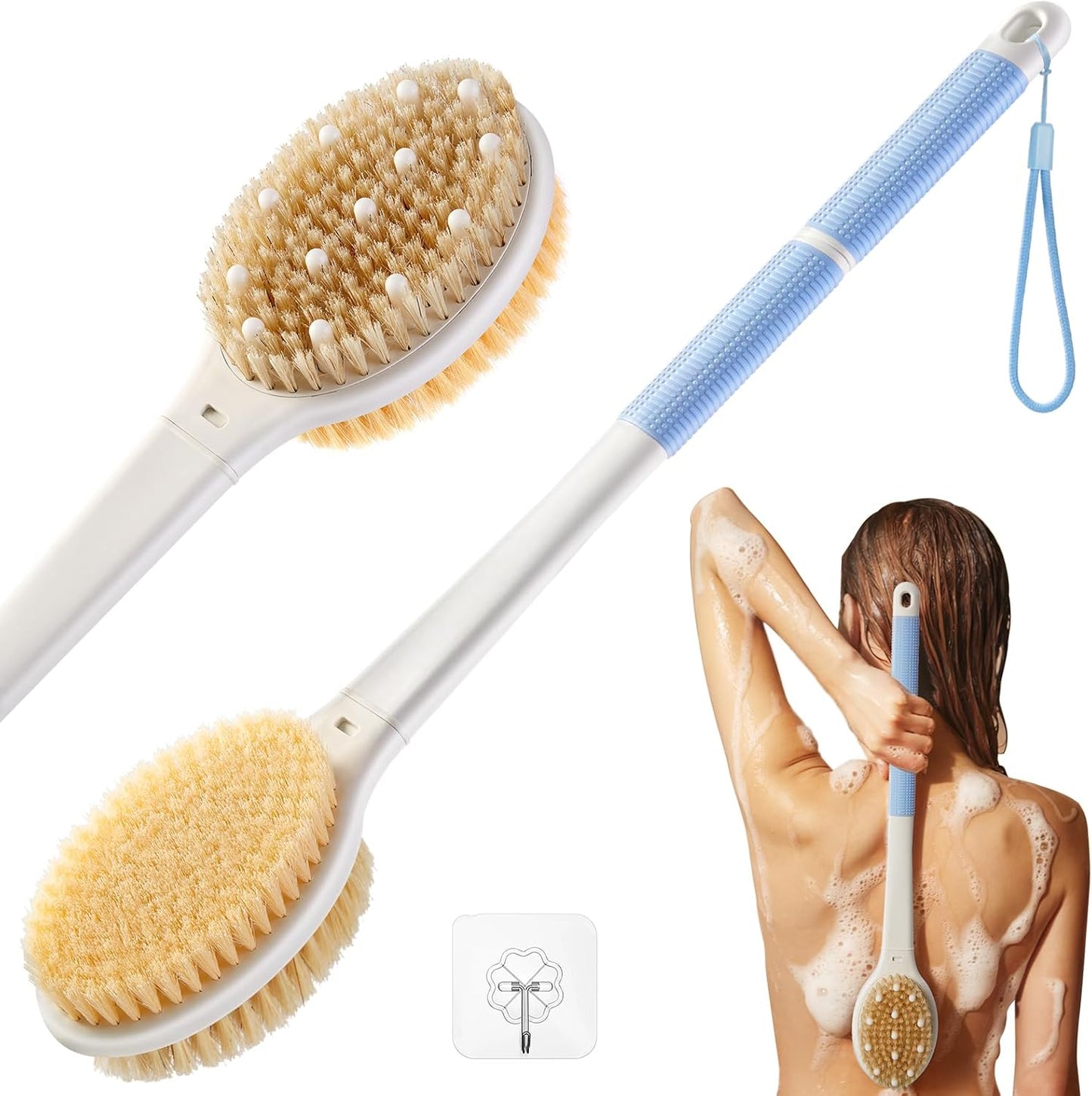Shower Brush for Massage Dry Brushing: Back Scrubber for Shower with 18.1 in Anti Slip Long Handle - Bath Body Brush for Lymphatic Drainage, Exfoliator Improving Skin Health for Women Men Elderly Blue