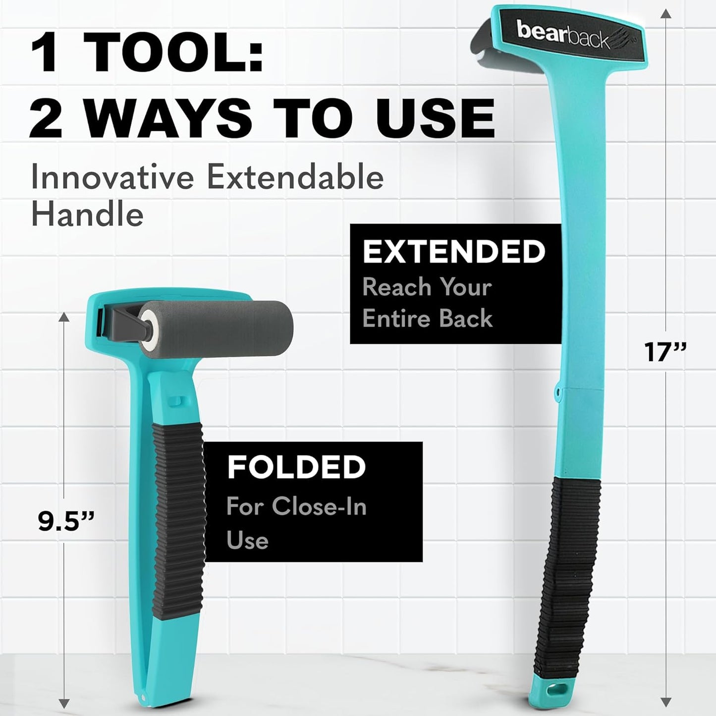 bearback Lotion Applicator for Back & Body – Long Reach Folding Handle with 2 Reusable Foam Rollers – Apply Lotion, Medication, Ointment, Sunscreen, Self Tanner – American Small Business (Teal)