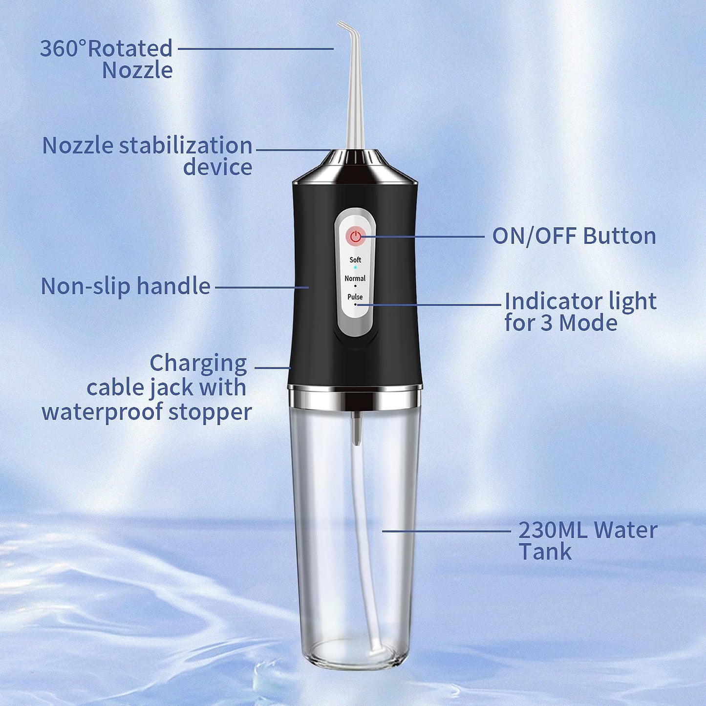 Water-Flosser-Cordless-Teeth-Cleaner Water Dental Flosser with 3 Modes 4 Jets Rechargeable IPX7 Waterproof for Travel Home Braces(Black)